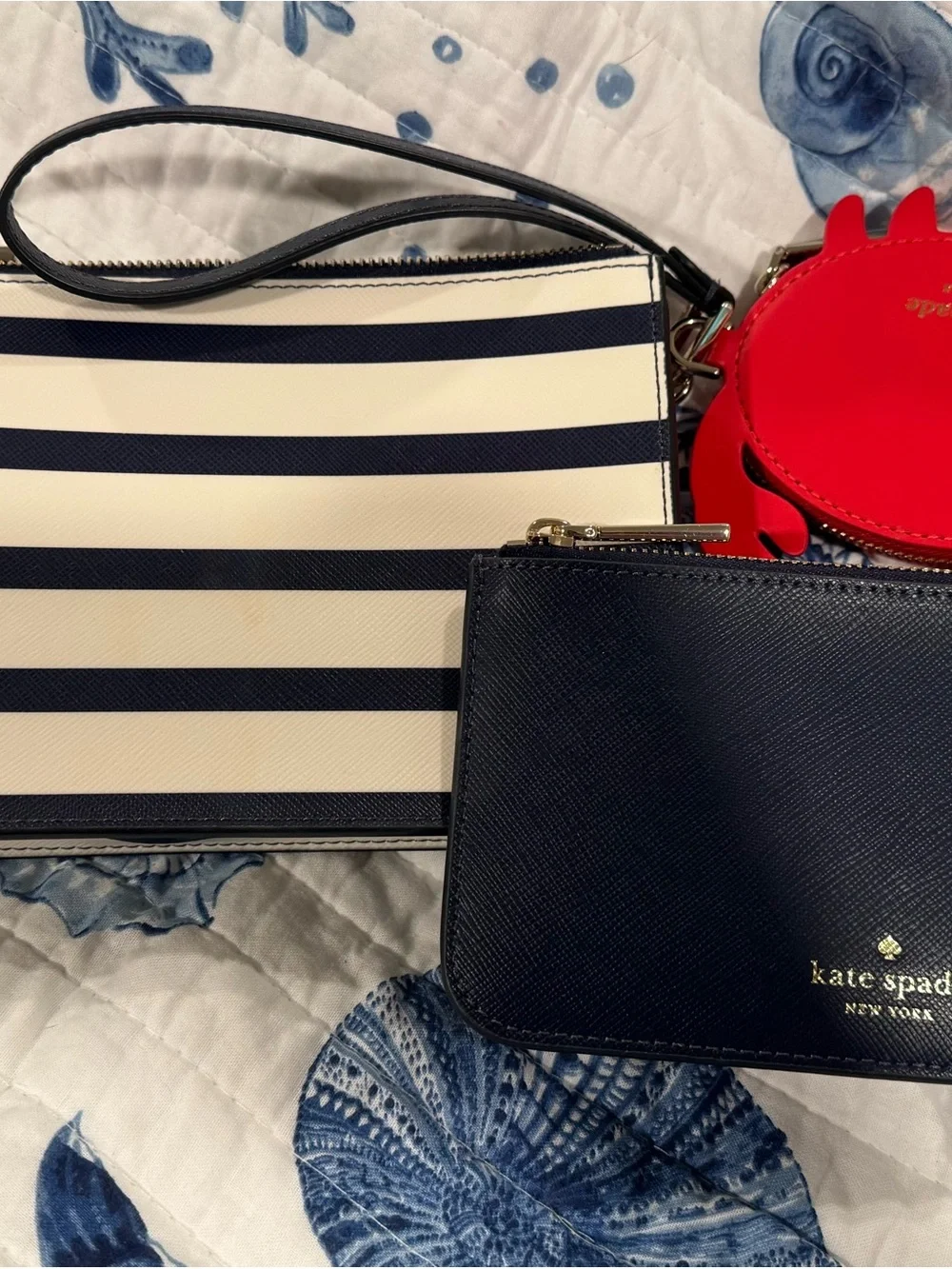 kate spade Red Crab Coin Pouch with Navy & White Stripe Wristlet